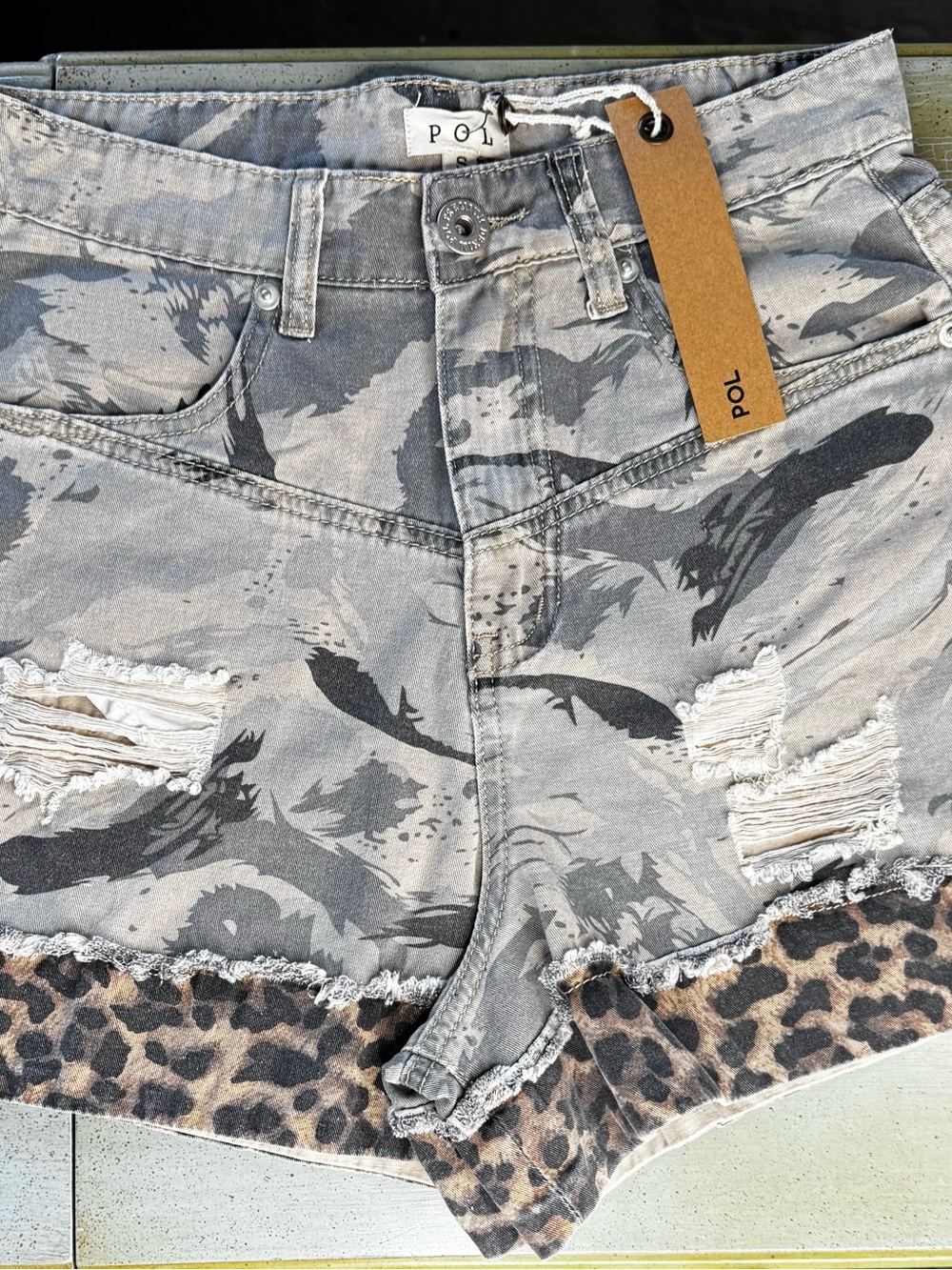 POL Super Cute Gray Camouflage Denim Shorts with Leopard Trim